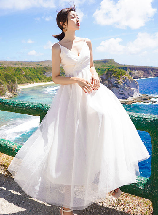 Weißes A-Linien-Tüllkleid Sommerkleid ED0165