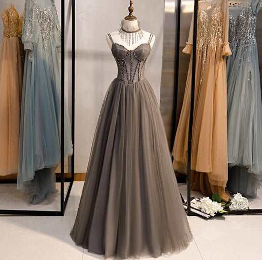Robe de bal longue trapèze à bretelles spaghetti en tulle et perles, robe de bal de fin d'année, robe d'anniversaire ED01669