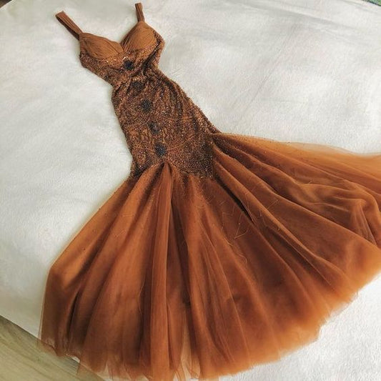 Robe de bal longue élégante en mousseline de soie et tulle, style sirène marron, bretelles spaghetti, avec perles, robe d'anniversaire ED01674