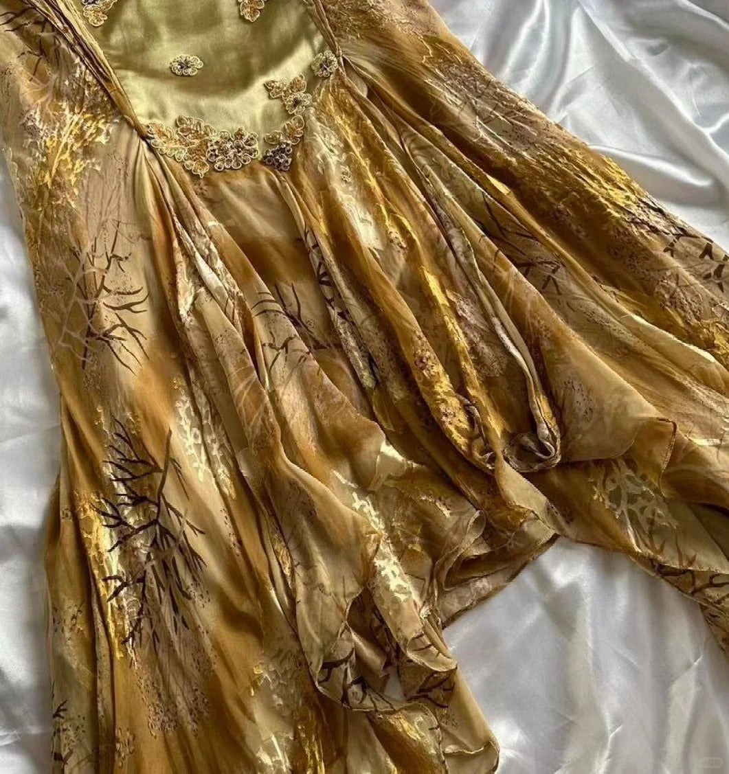 Gold Vintage Floral Satin Applique Spaghetti Straps Chiffon Prom Dresses Party Dresses ED01676