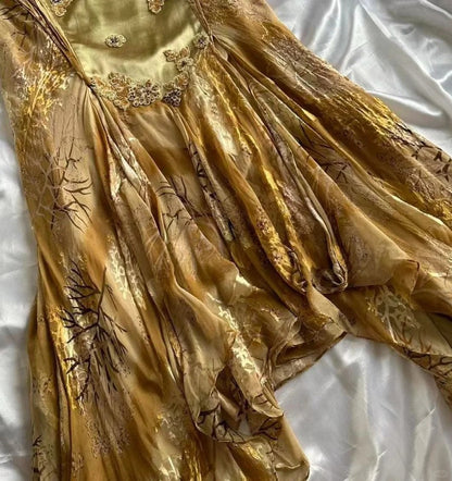 Gold Vintage Floral Satin Applique Spaghetti Straps Chiffon Prom Dresses Party Dresses ED01676
