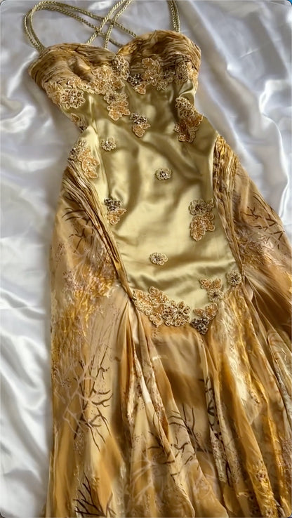 Gold Vintage Floral Satin Applique Spaghetti Straps Chiffon Prom Dresses Party Dresses ED01676