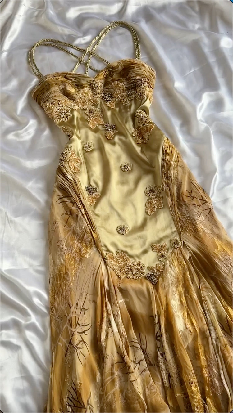 Gold Vintage Floral Satin Applique Spaghetti Straps Chiffon Prom Dresses Party Dresses ED01676