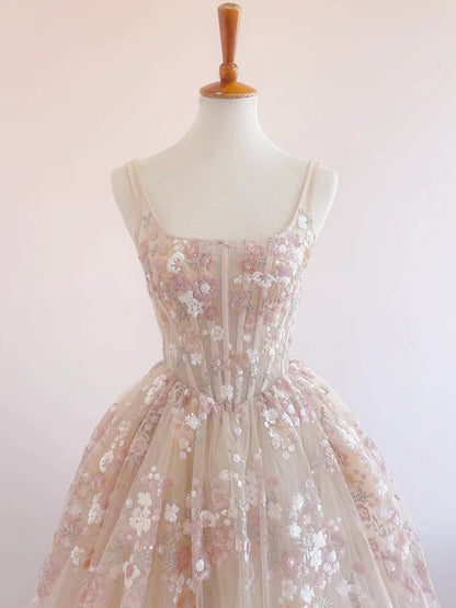 Robe de bal longue en tulle et paillettes, coupe trapèze, couleur champagne, légère et élégante, ED01678