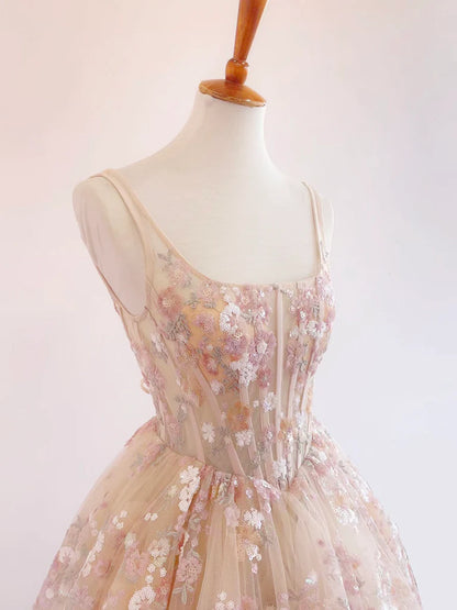 Robe de bal longue en tulle et paillettes, coupe trapèze, couleur champagne, légère et élégante, ED01678