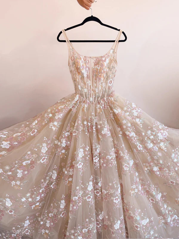 Robe de bal longue en tulle et paillettes, coupe trapèze, couleur champagne, légère et élégante, ED01678
