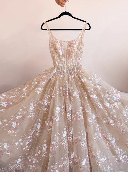 Robe de bal longue en tulle et paillettes, coupe trapèze, couleur champagne, légère et élégante, ED01678