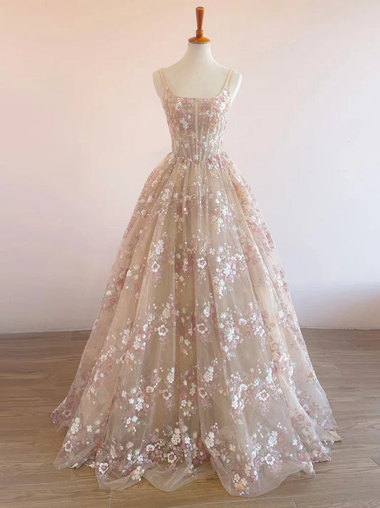 Robe de bal longue en tulle et paillettes, coupe trapèze, couleur champagne, légère et élégante, ED01678