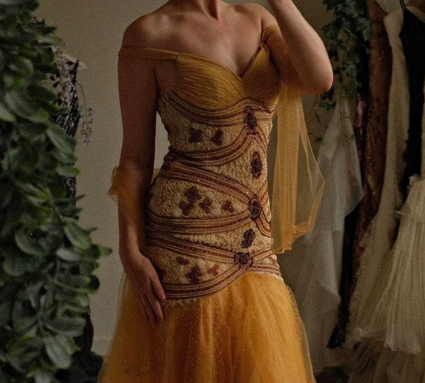 Robe de bal longue en tulle et mousseline de soie, style sirène, vintage, jaune, jolie robe d'anniversaire, ED01679