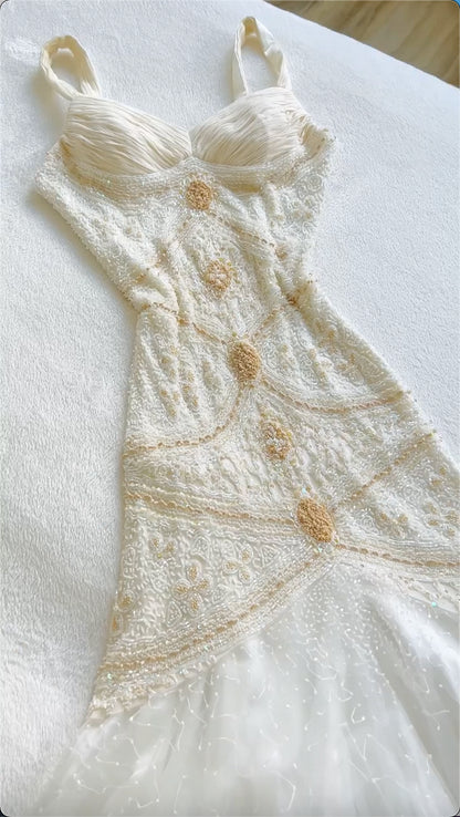Robe de bal longue en tulle et mousseline de soie, style sirène, vintage, jaune, jolie robe d'anniversaire, ED01679