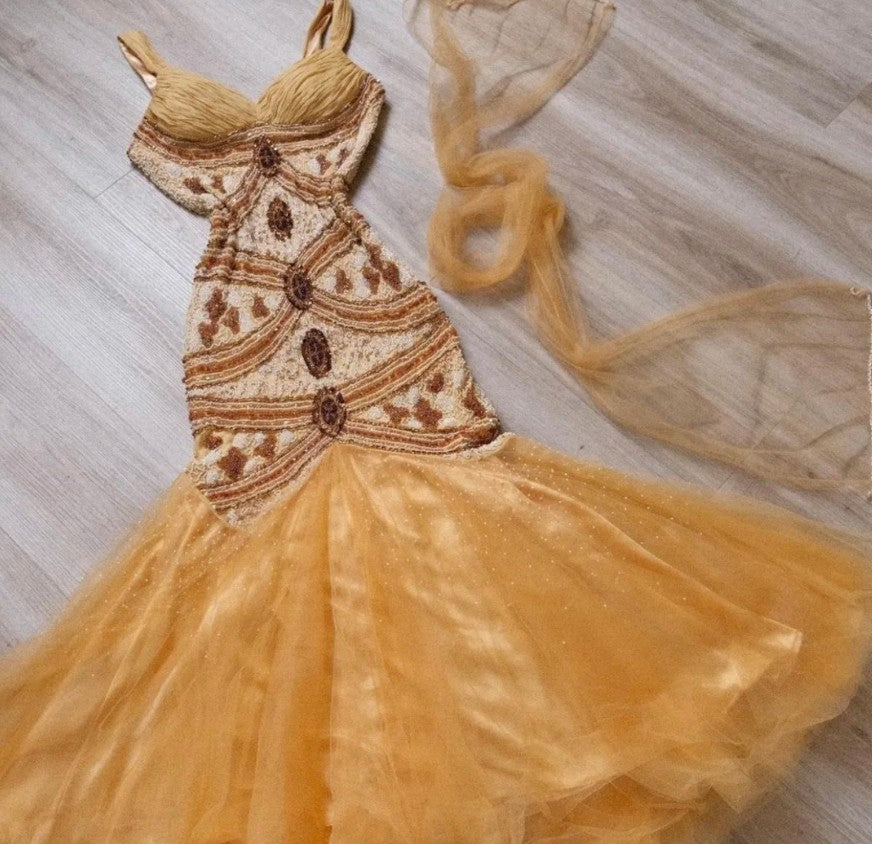 Robe de bal longue en tulle et mousseline de soie, style sirène, vintage, jaune, jolie robe d'anniversaire, ED01679