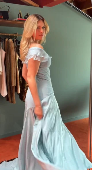 Elegant Blue A-Line Off-shoulder Long Prom Dresses Vintage Satin Chiffon Formal Evening Dresses