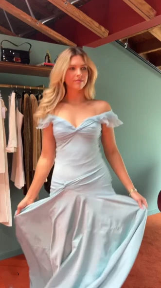 Elegant Blue A-Line Off-shoulder Long Prom Dresses Vintage Satin Chiffon Formal Evening Dresses