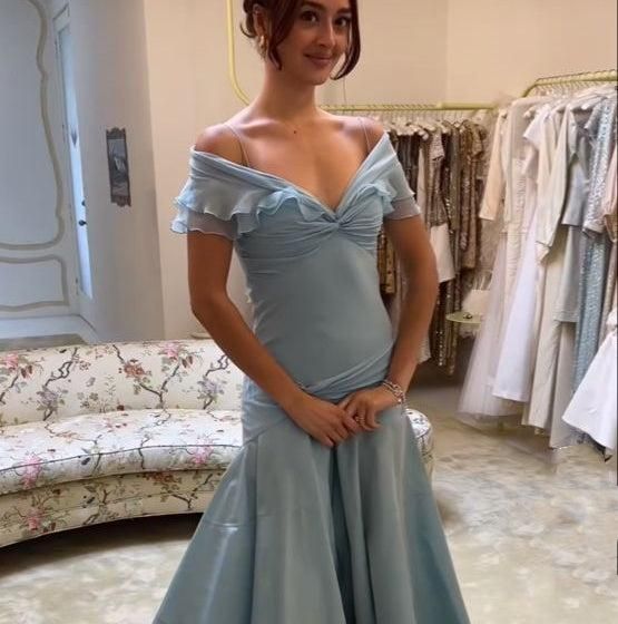 Blue A-Line Prom Dress off-shoulder Chiffon Formal Evening Dress
