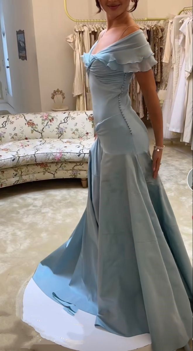 Blue A-Line Prom Dress off-shoulder Chiffon Formal Evening Dress