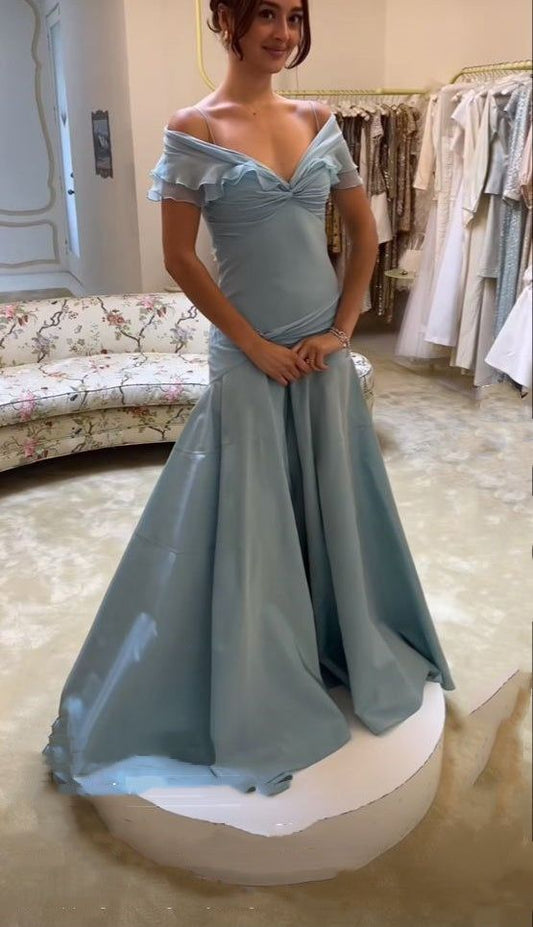 Blue A-Line Prom Dress off-shoulder Chiffon Formal Evening Dress