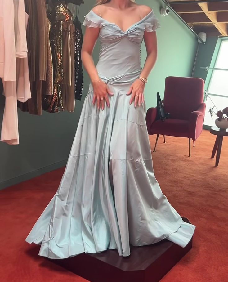 Blue A-Line Prom Dress off-shoulder Chiffon Formal Evening Dress