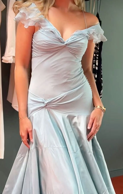 Blue A-Line Prom Dress off-shoulder Chiffon Formal Evening Dress