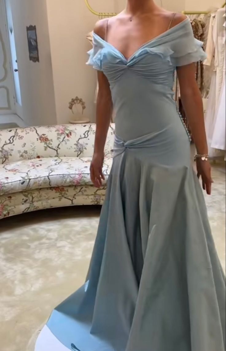 Blue A-Line Prom Dress off-shoulder Chiffon Formal Evening Dress