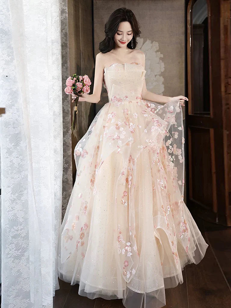 Robe de bal longue en tulle et paillettes, coupe trapèze, couleur champagne, broderie appliquée, robe de soirée formelle ED01682