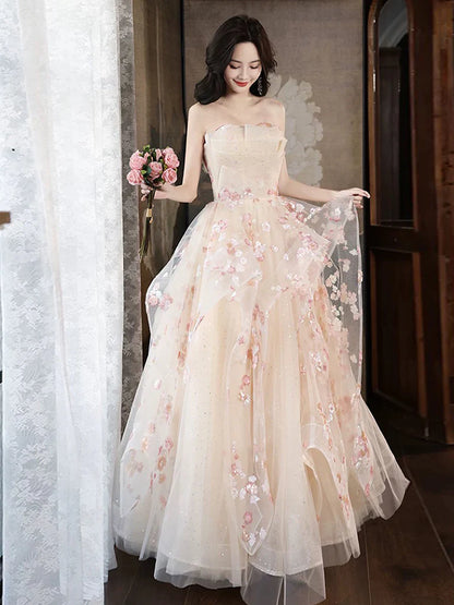 Robe de bal longue en tulle et paillettes, coupe trapèze, couleur champagne, broderie appliquée, robe de soirée formelle ED01682