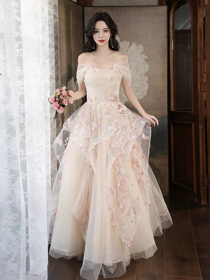 Robe de bal longue en tulle et paillettes, coupe trapèze, couleur champagne, broderie appliquée, robe de soirée formelle ED01682