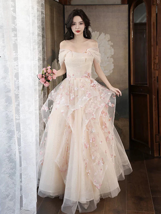 Champagne A-Line Tulle Sequins Long Prom Dress Embroidery Applique Formal Evening Dress ED01682