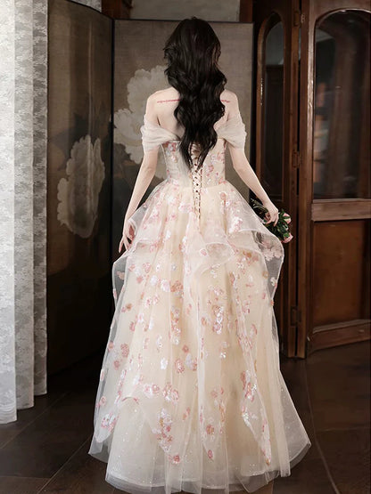 Robe de bal longue en tulle et paillettes, coupe trapèze, couleur champagne, broderie appliquée, robe de soirée formelle ED01682