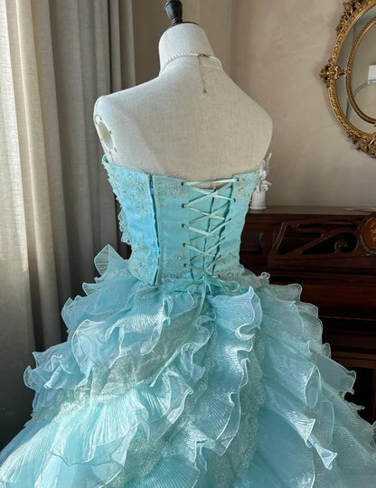 Robe de bal longue bleu ciel, coupe trapèze, sans bretelles, en tulle, perlée, à paillettes et à plusieurs niveaux, pour adulte, ED01684