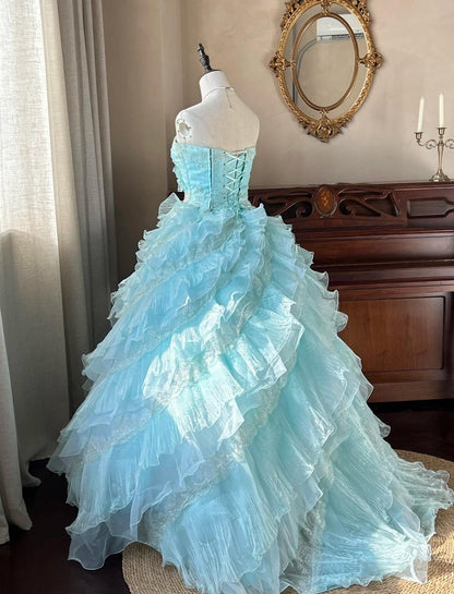 Robe de bal longue bleu ciel, coupe trapèze, sans bretelles, en tulle, perlée, à paillettes et à plusieurs niveaux, pour adulte, ED01684