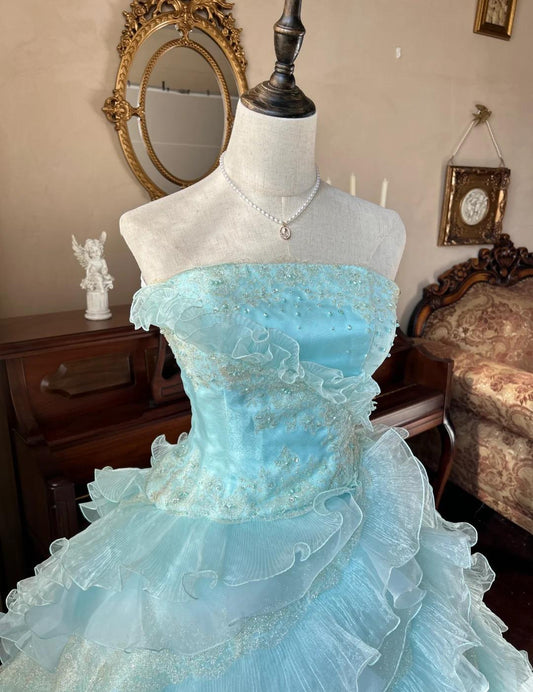 Robe de bal longue bleu ciel, coupe trapèze, sans bretelles, en tulle, perlée, à paillettes et à plusieurs niveaux, pour adulte, ED01684
