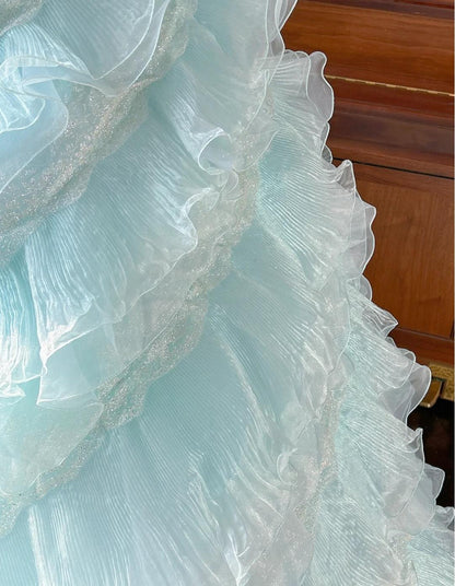 Robe de bal longue bleu ciel, coupe trapèze, sans bretelles, en tulle, perlée, à paillettes et à plusieurs niveaux, pour adulte, ED01684