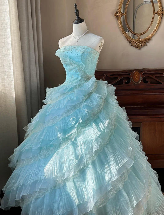 Robe de bal longue bleu ciel, coupe trapèze, sans bretelles, en tulle, perlée, à paillettes et à plusieurs niveaux, pour adulte, ED01684