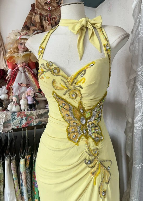 Temperament Yellow Mermaid Halter Sequin Diamond Long Prom Dress Party Dress ED01686