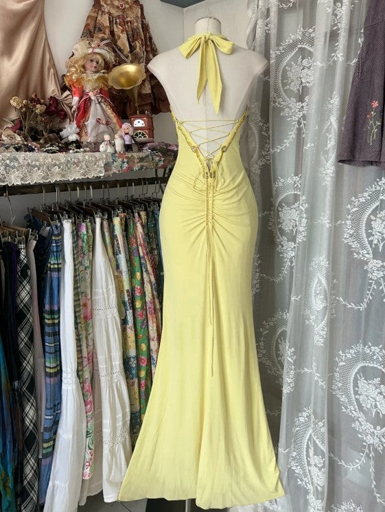 Temperament Yellow Mermaid Halter Sequin Diamond Long Prom Dress Party Dress ED01686