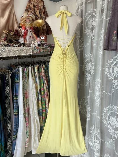 Temperament Yellow Mermaid Halter Sequin Diamond Long Prom Dress Party Dress ED01686