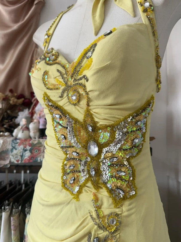 Temperament Yellow Mermaid Halter Sequin Diamond Long Prom Dress Party Dress ED01686
