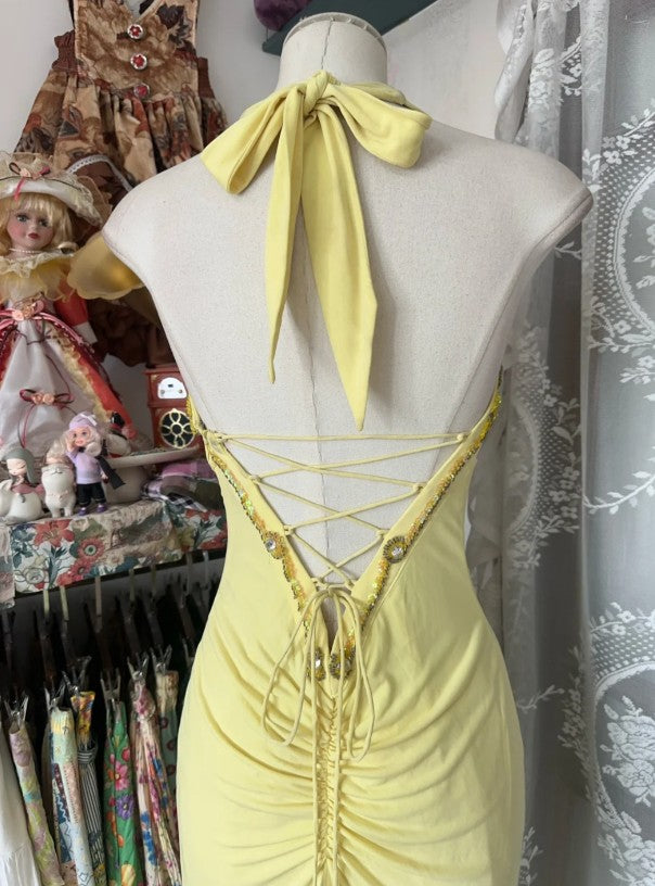 Temperament Yellow Mermaid Halter Sequin Diamond Long Prom Dress Party Dress ED01686