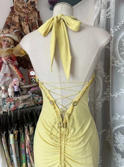 Temperament Yellow Mermaid Halter Sequin Diamond Long Prom Dress Party Dress ED01686