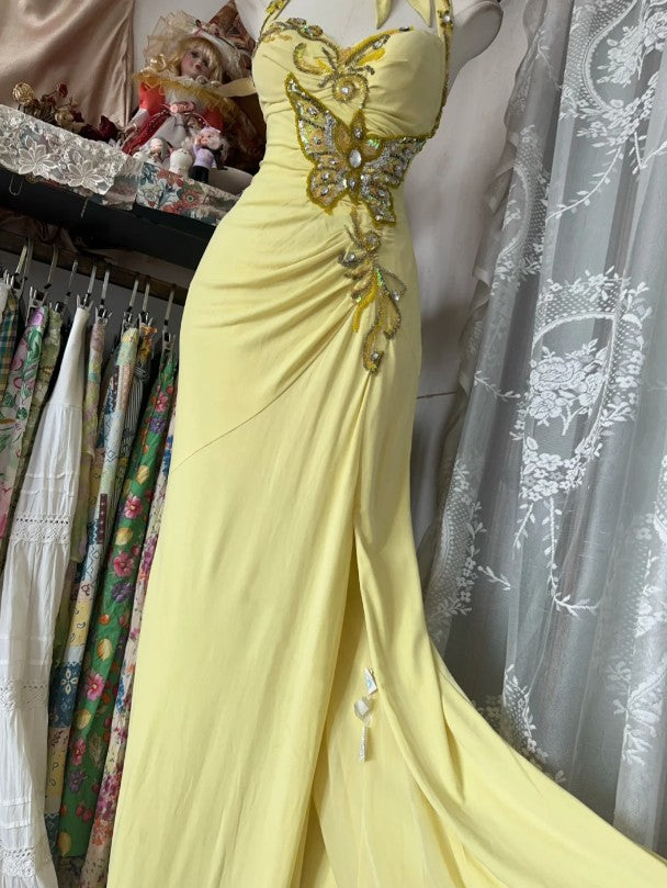 Temperament Yellow Mermaid Halter Sequin Diamond Long Prom Dress Party Dress ED01686