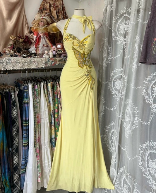 Temperament Yellow Mermaid Halter Sequin Diamond Long Prom Dress Party Dress ED01686