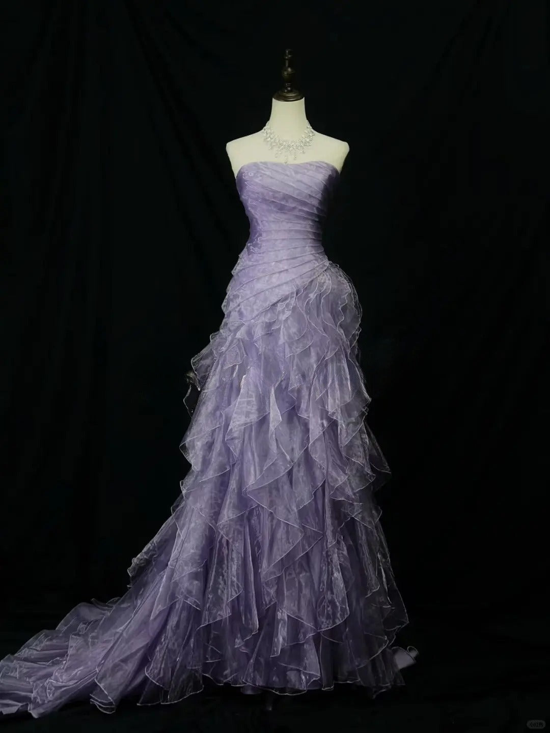 Robe de soirée élégante en tulle violet, style sirène, sans bretelles, longue et superposée, ED01687