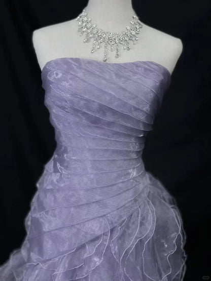 Robe de soirée élégante en tulle violet, style sirène, sans bretelles, longue et superposée, ED01687