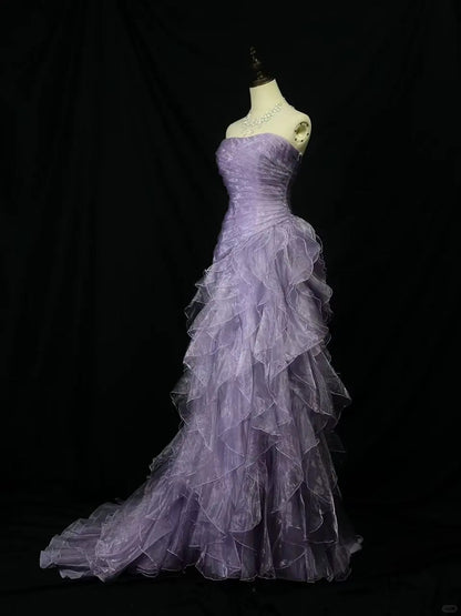 Robe de soirée élégante en tulle violet, style sirène, sans bretelles, longue et superposée, ED01687