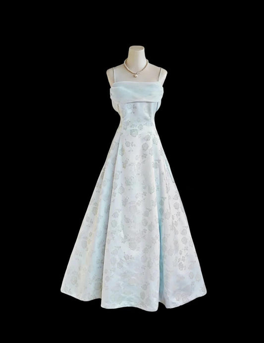 Robe de bal longue en satin bleu clair, coupe trapèze, bretelles spaghetti, en mousseline de soie, robe d'anniversaire, robe de remise de diplôme, ED01689