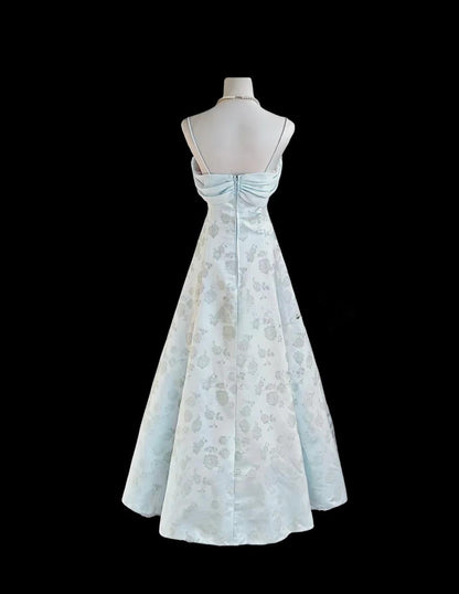 Robe de bal longue en satin bleu clair, coupe trapèze, bretelles spaghetti, en mousseline de soie, robe d'anniversaire, robe de remise de diplôme, ED01689