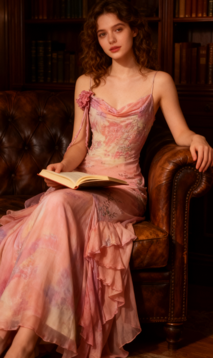 Robe de soirée sirène vintage rose à bretelles spaghetti, robe de bal longue en mousseline de soie et perles, style conte de fées, ED01690