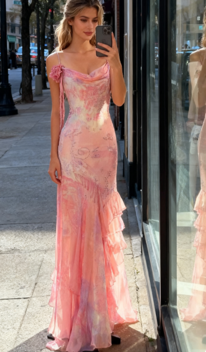 Vintage Pink Spaghetti Strap Mermaid Party Dresses  Fairytale Chiffon Beaded Long Prom Dresses  ED01690