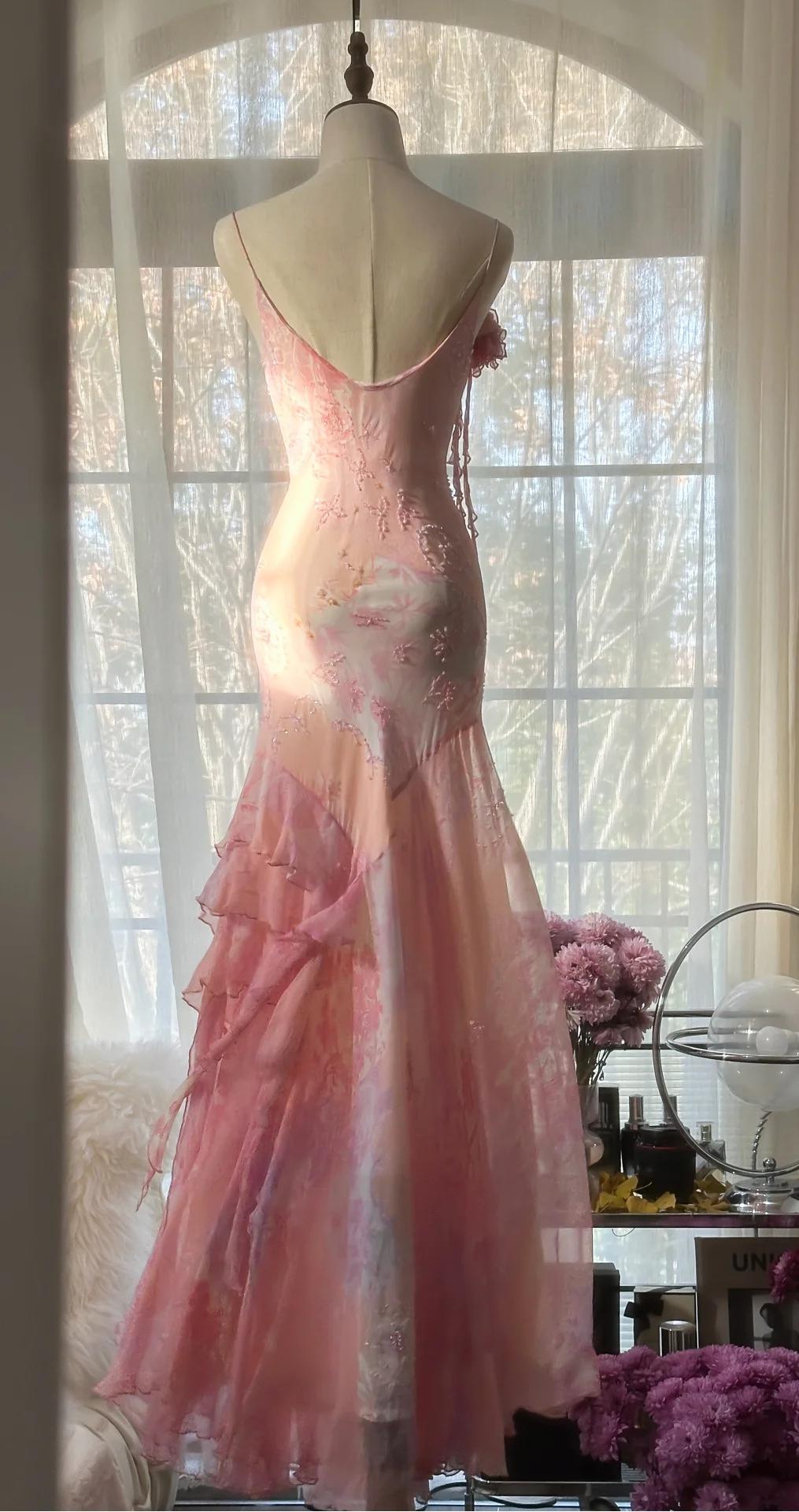 Fairytale Pink Mermaid Gown for Prom&Party-Vintage Spaghetti Strap Chiffon Beaded Backless Long Evening Dress 