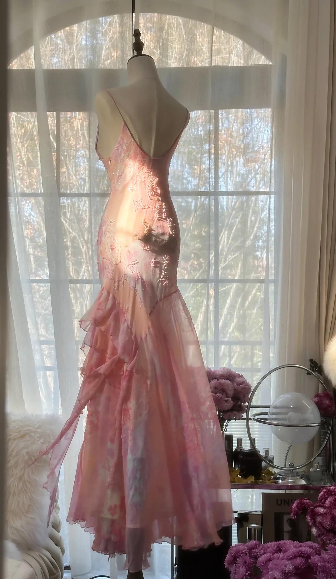 Fairytale Pink Mermaid Gown for Prom&Party-Vintage Spaghetti Strap Chiffon Beaded Backless Long Evening Dress  